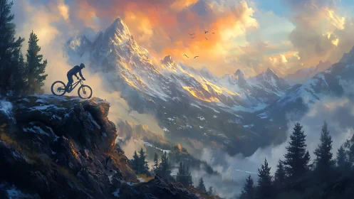 Mountain Biker Silhouetted on Cliff Edge at Alpine Sunrise