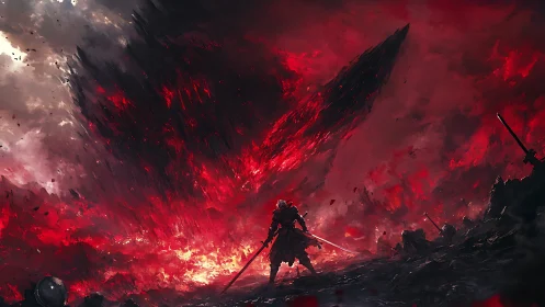 Solitary armored figure under red fractured sky field.