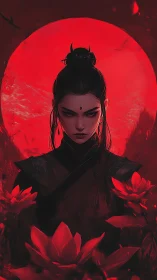 Moon-drenched lotus warlock rises through scarlet silence