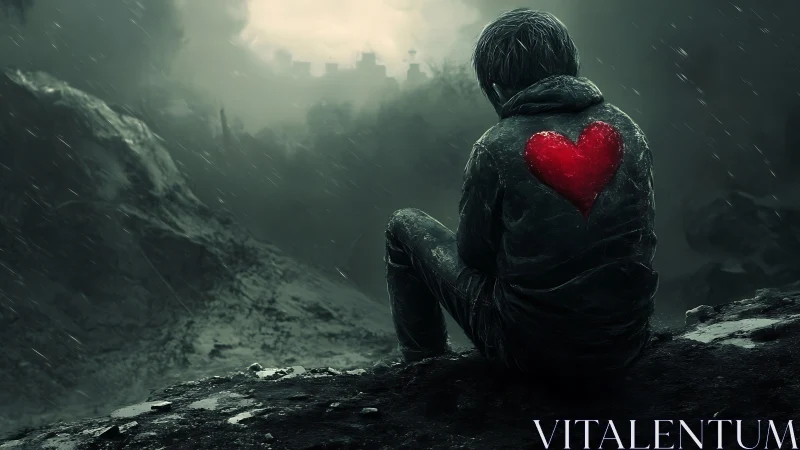 Solitary dreamer with a glowing red heart in the rain.