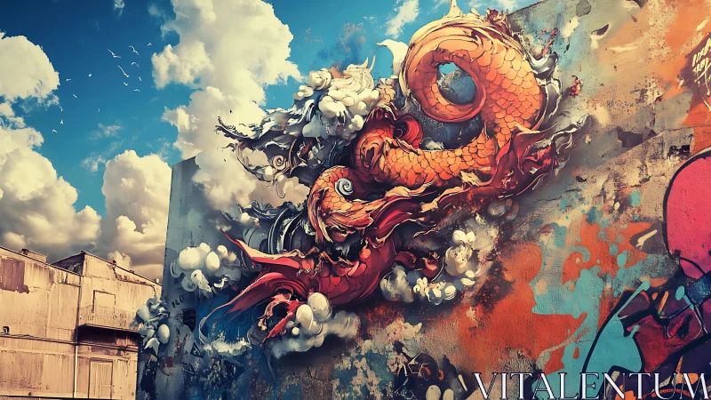 Fiery dragon mural coils across an urban wall under vivid skies