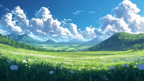 Sunlit wildflower meadow stretches toward distant blue mountains