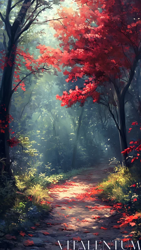 Autumn Forest Path with Red Foliage and Misty Light
