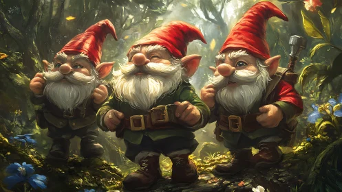 Forest gnome trio with red hats in glowing woodland scene.