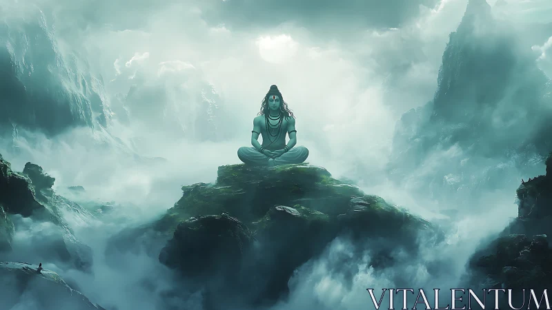 Digital painting of meditative deity amid mist-laden peaks.