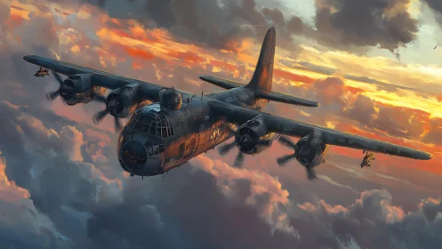 Warbird patrol over storm-lit clouds at cinematic sunset.