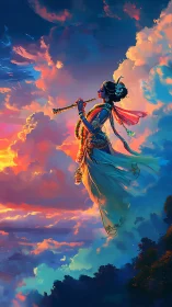 Figure playing flute is rendered midair against dense clouds