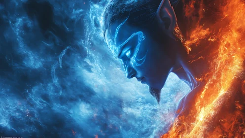 Elemental oracle in blue flame standoff with searing firestorm.