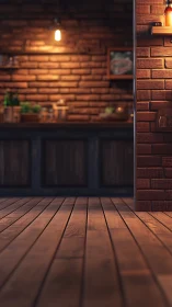 Moody brick kitchen aisle glowing in amber evening hush.