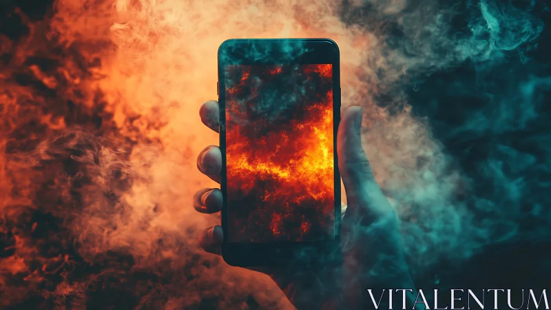 Smartphone Displaying Fire Display Within Dual-Tone Smoke Environment.