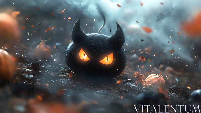 Demonic jack-o&rsquo;-lantern sphere glows in cinematic storm light