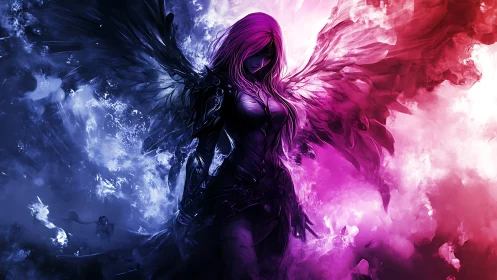 Bicolor winged warrior in asymmetric void, magenta cyan aura