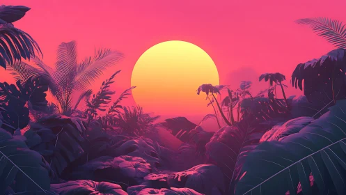 Neon tropical sunset behind dense jungle foliage.