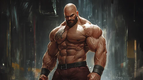 Digital painting of hyper-muscular bald warrior in urban gloom.