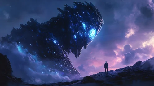 Colossal blue energy entity towers over lone human figure