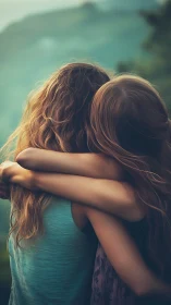 Two figures embrace against turquoise waters.