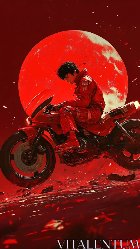 Red-lit cyber rider leans on sport bike before oversized lunar disc