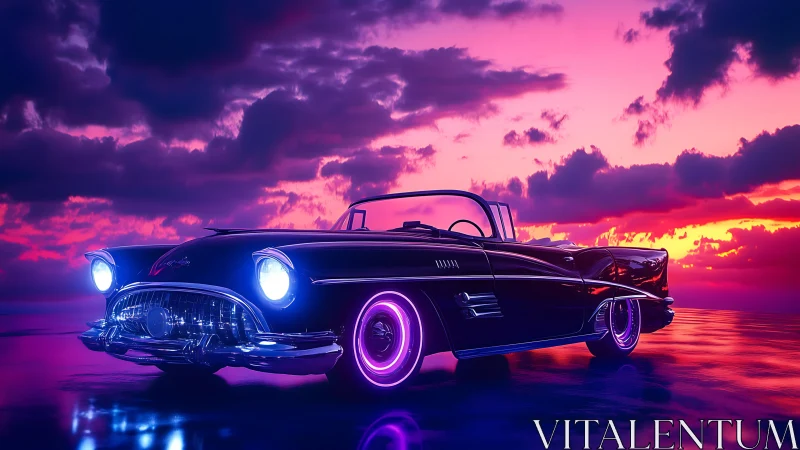 Neon-lit classic convertible under vivid cyber sunset sky.