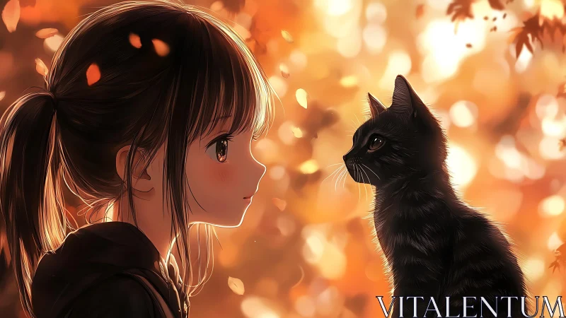 Gentle autumn moment between girl and black cat at dusk.