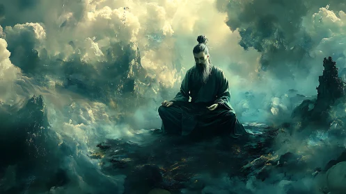 Bearded monk meditates in swirling cloudscape with teal light