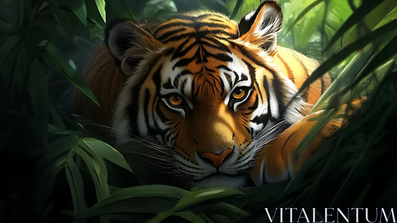 Tiger rests in lush jungle shadows with piercing golden gaze.