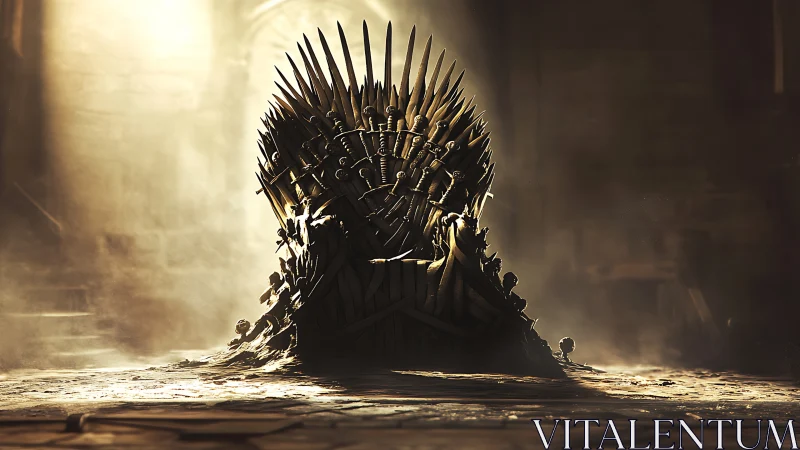 Sword-forged throne glows in dust-choked cathedral light.