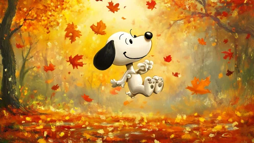 Cartoon beagle jumps through glowing autumn forest leaves