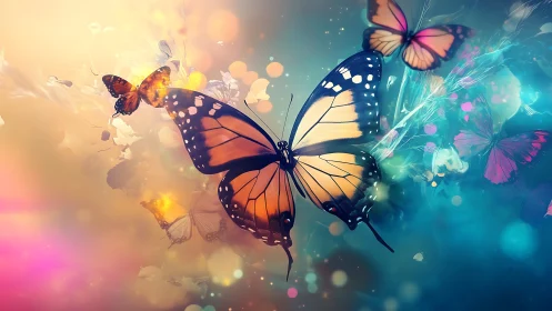 Monarch butterflies in soft abstract bokeh light field.