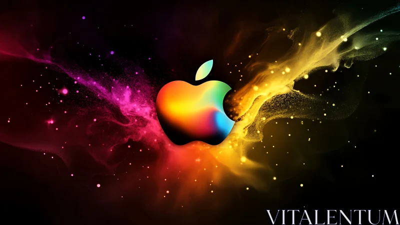 Chromatic apple emblem amid bifurcated nebular lightfield.
