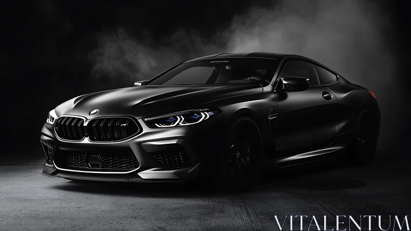Black BMW performance coupe stands in dramatic studio smoke