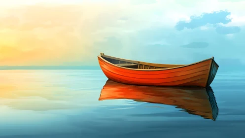 Solitary red rowboat rendered with soft gradients on calm water