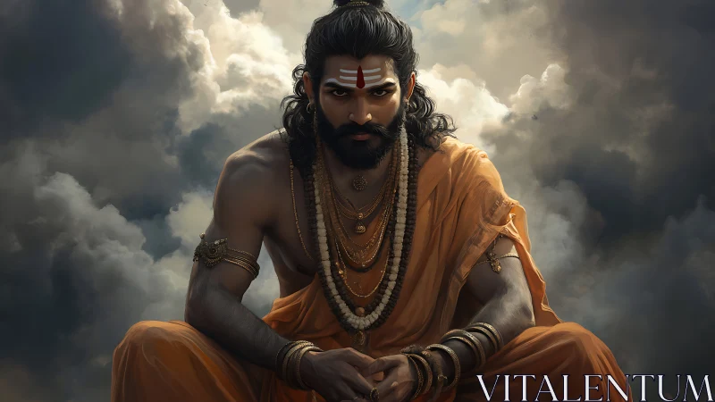 Mystic warrior sage sits in storm-lit celestial clouds