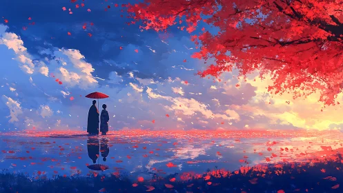 Two figures stand by reflective water under red tree canopy
