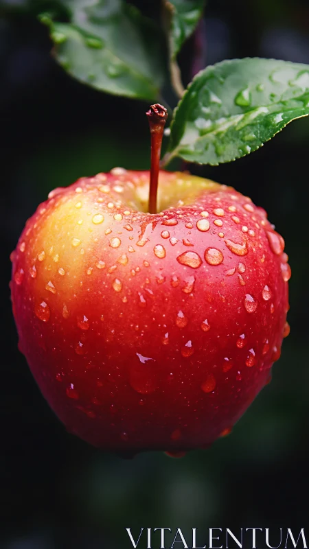Ripe red apple hangs after rain in lush garden light