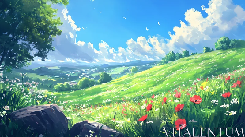 Sunlit wildflower hillside opening to a peaceful valley view.