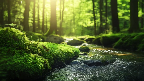 Sunlit mossy forest stream in lush green woodland, natural style.