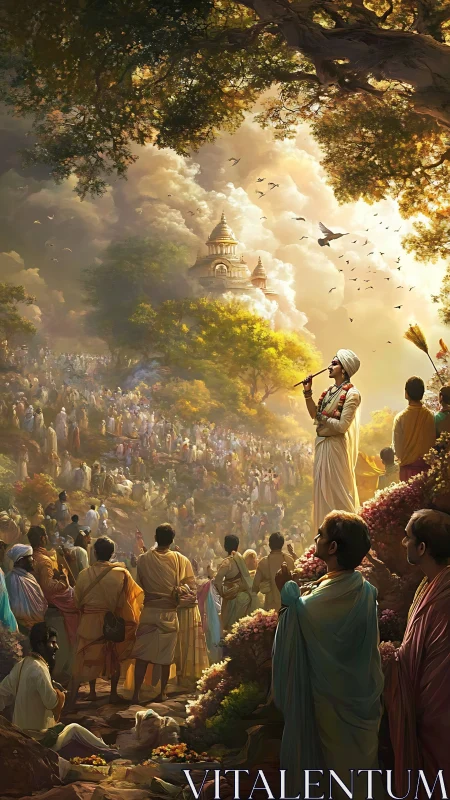 Mystic flute player leads luminous procession toward temple