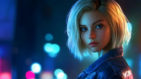 Neon-lit cyberpunk portrait girl in blue city glow.