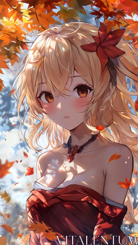 Portrait depicts blonde figure under autumn foliage in daylight