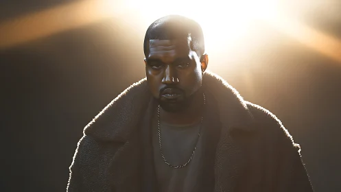 Moody portrait of man in coat under strong backlight.