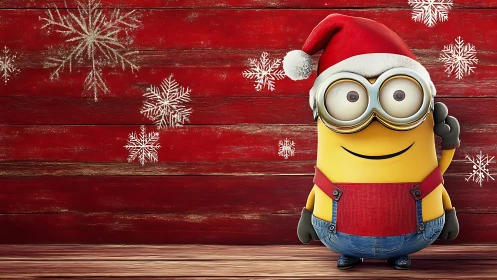 Yellow cartoon helper in Santa outfit on rustic red wall