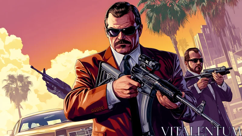 Confident suited crew strides through a bold city sunset.