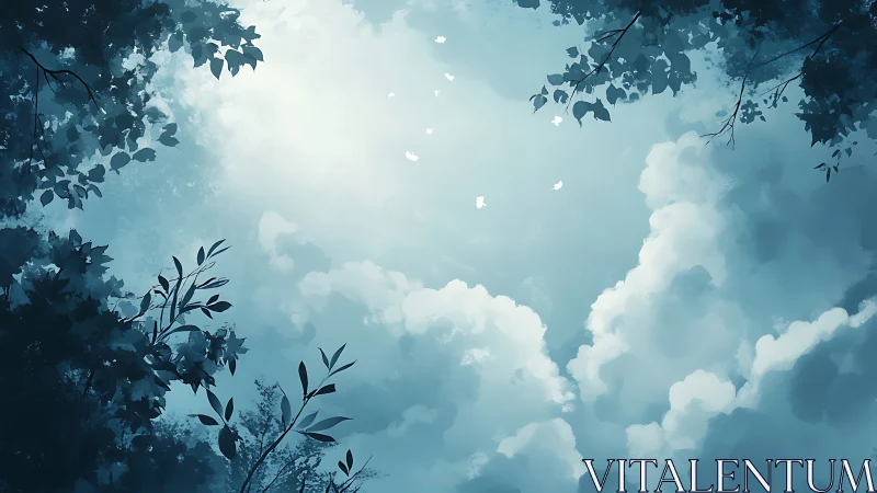 Serene sky with clouds and leafy branches in dreamy digital art.