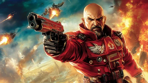 Futuristic officer aiming pistol amid intense space battle.