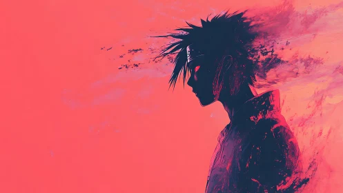 Side-lit ninja silhouette dissolving into scarlet storm.