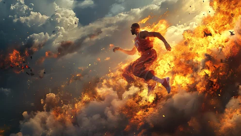 Explosive basketball runner streaking through burning clouds.