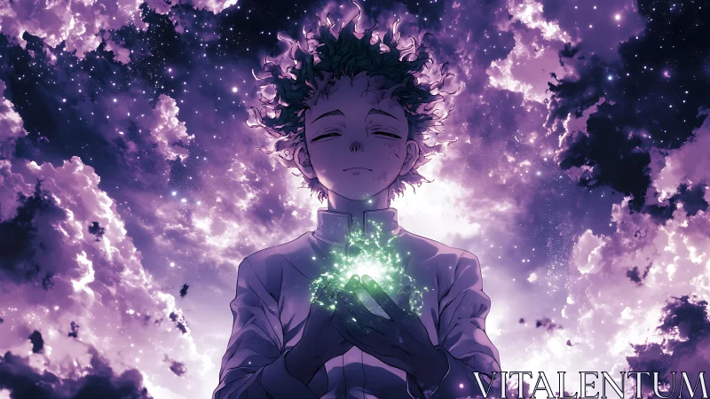 Stargazing youth holds glowing energy under cosmic sky.