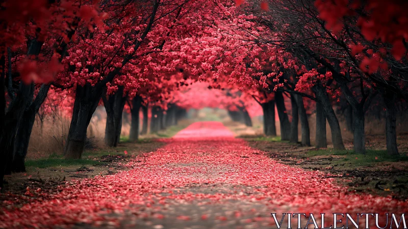 Cherry blossom tunnel framing a receding scarlet path.