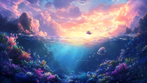 Sunlit coral dreamscape where sea and sky softly meet.
