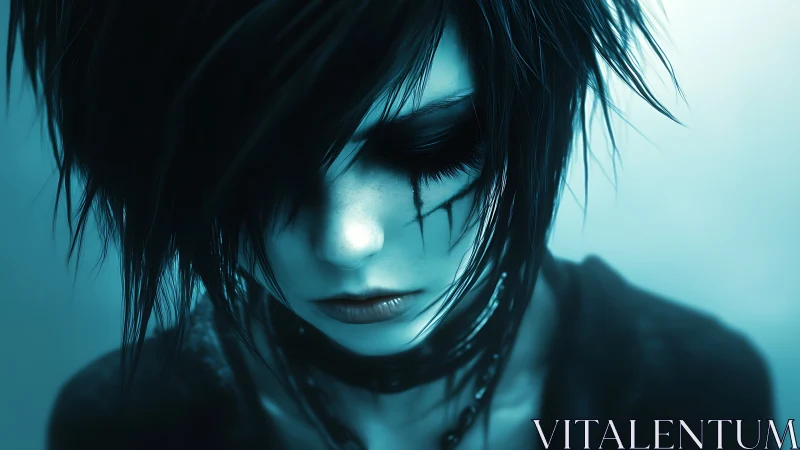 Melancholic emo girl portrait in cool blue lighting.